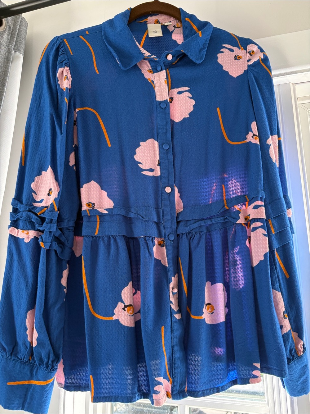 Blue Floral Peplum Button-Up Blouse